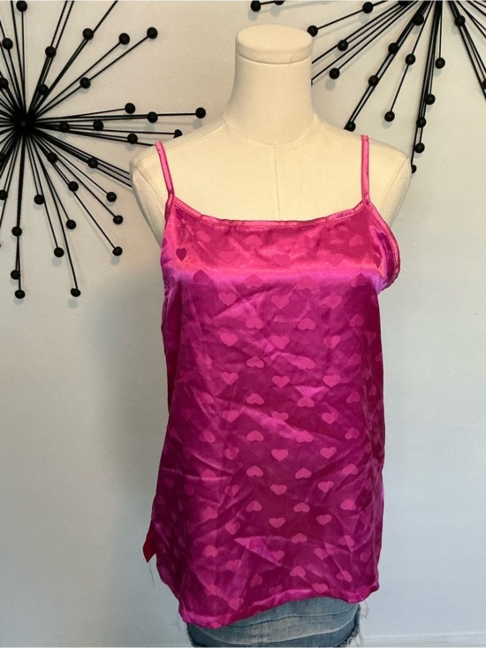 Love To Sleep Pink Heart Satin Cami Top Size Large Y2K Sleepwear